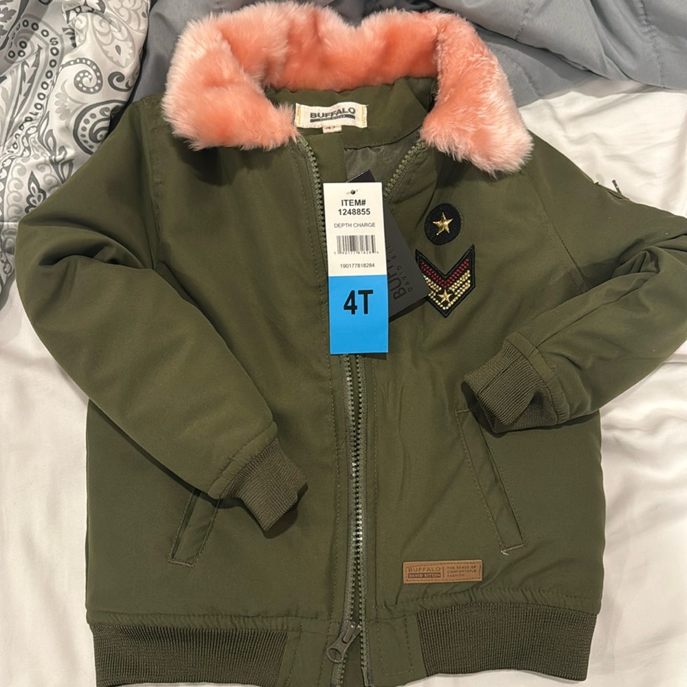 NWT 4T olive green coat with pink faux fur collar.